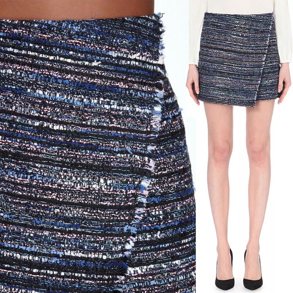 Diane Von Furstenberg DVF Austyn Black Indigo Camellia Tweed Faux Wrap Skirt 2